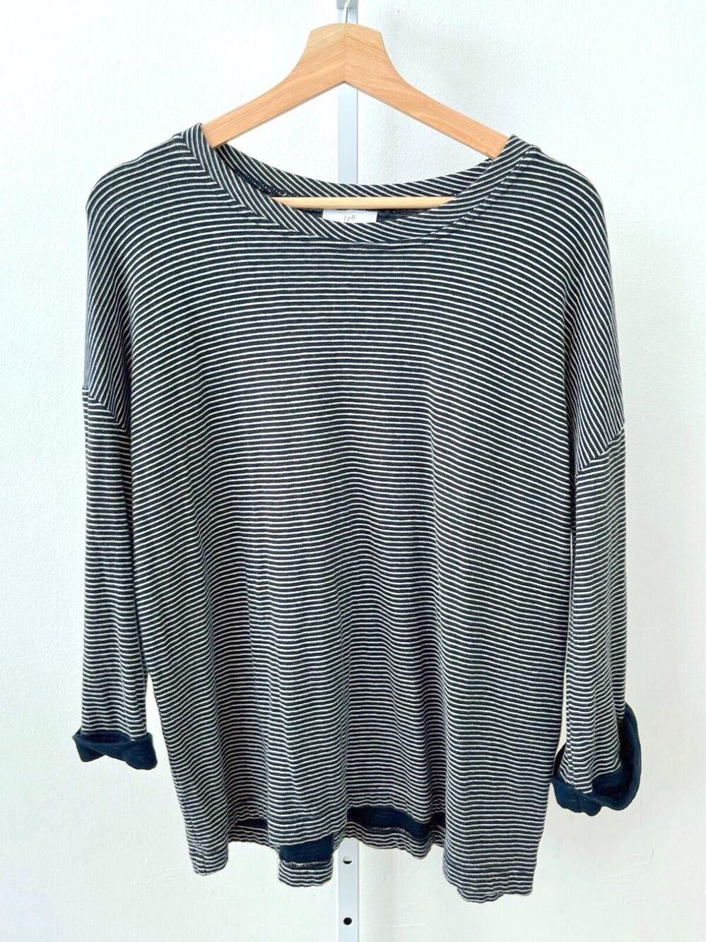 J. JILL Size L Striped Cuffe3/4 Sleeve Top Tee Shirt Cotton Rayon Knit Navy Blue